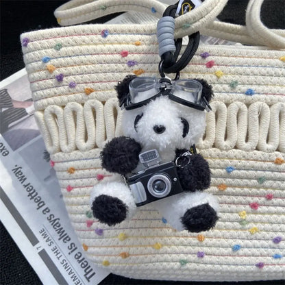 New Camera Plush Bear Pendant Sweater Panda Doll Keychain Creative Sunglasses Car Key Ring Gifts