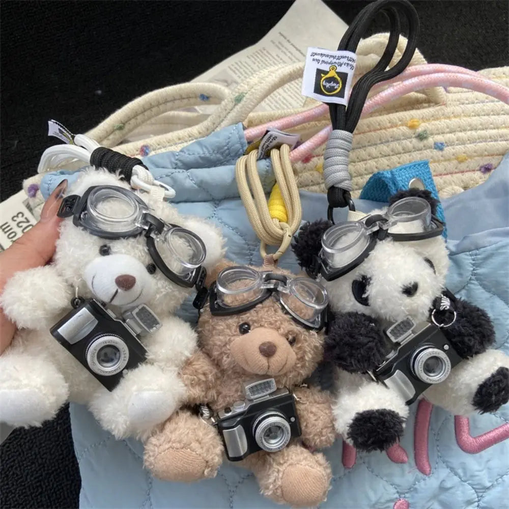 New Camera Plush Bear Pendant Sweater Panda Doll Keychain Creative Sunglasses Car Key Ring Gifts