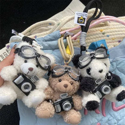 New Camera Plush Bear Pendant Sweater Panda Doll Keychain Creative Sunglasses Car Key Ring Gifts